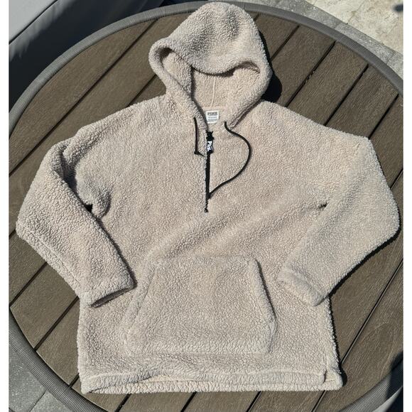 PINK VICTORIAS SECRET Beige Half Zip Teddy Bear Sherpa Pullover Hoodie Size S - Picture 2 of 3